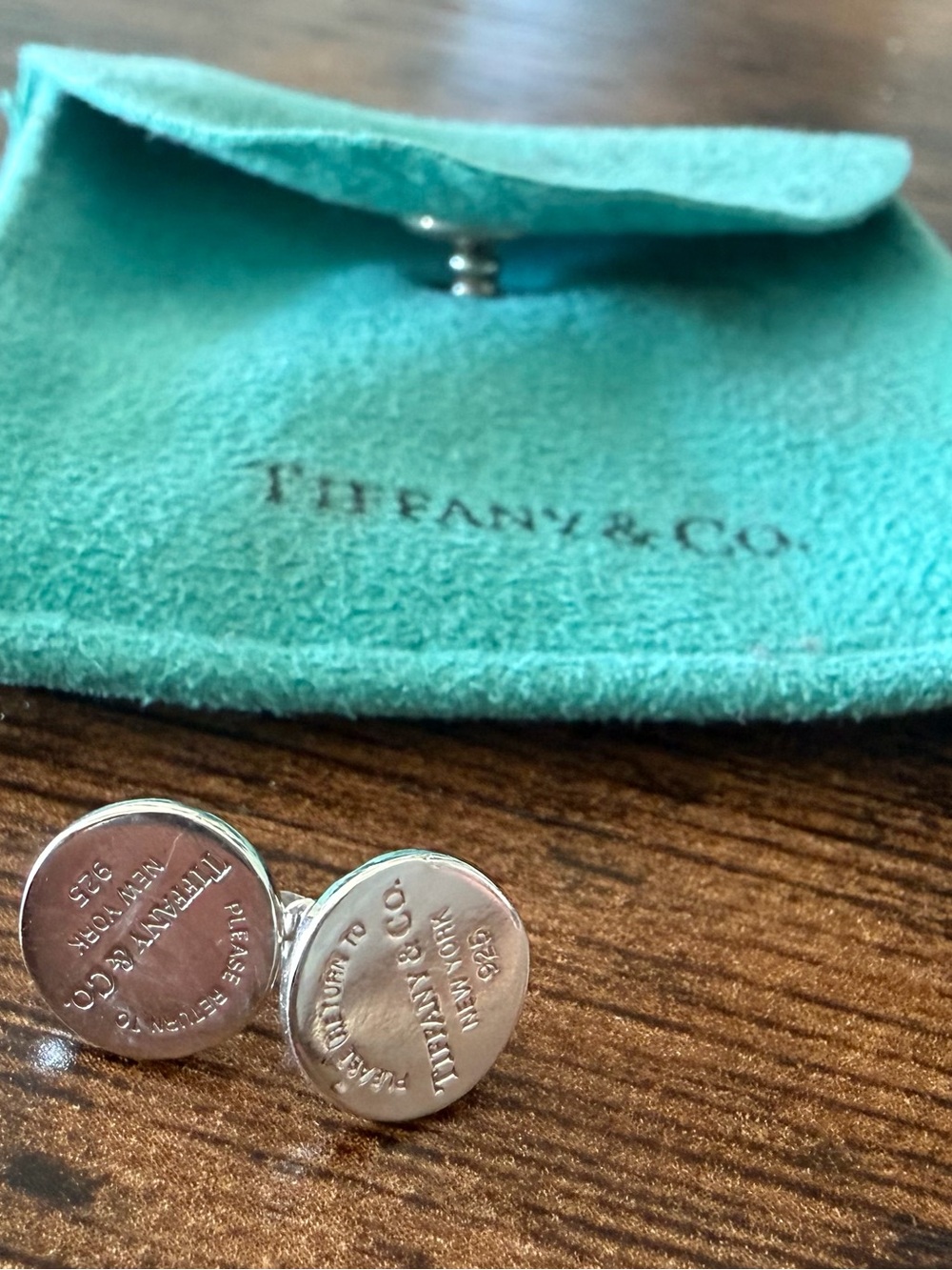 Tiffany & Co. Sterling Silver Round Tag earrings with Tiffany Blue Pouch